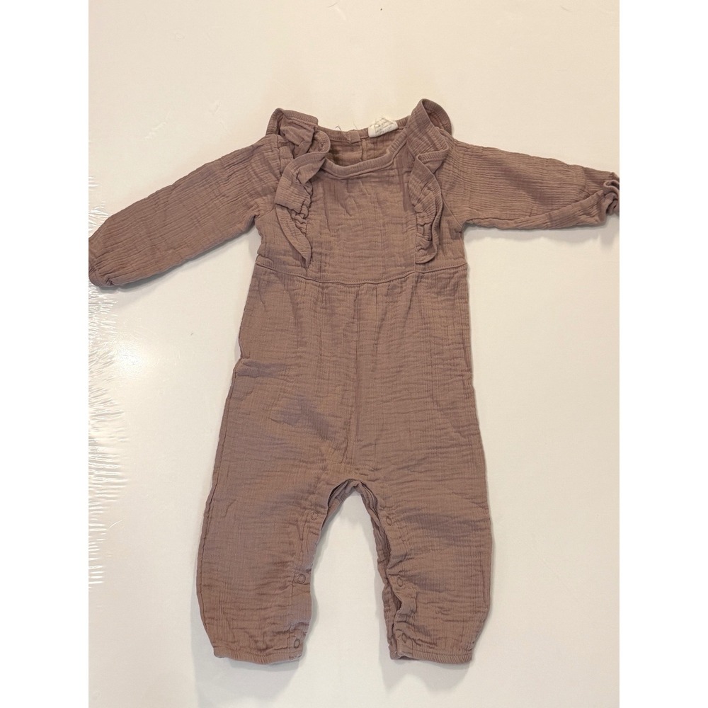 City Mouse Baby Girls Ruffle Cotton Gauze Romper Mauve Long Sleeve 6-9M